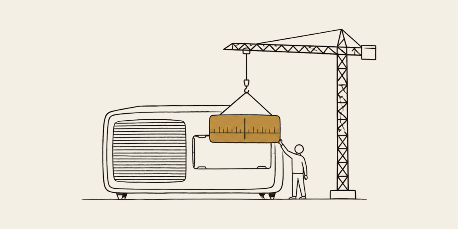 A line drawing of the same large old table radio from Part I, still under construction: a tower crane lowers its ochre dial window into an empty opening while a tiny figure on the ground guides it down.