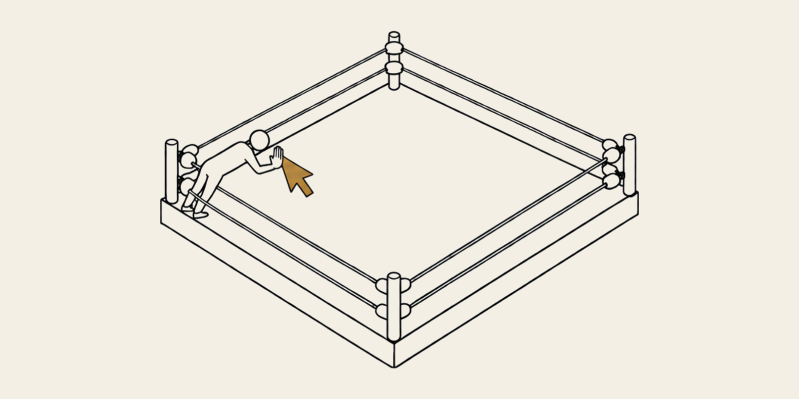 A line drawing of a wrestling ring seen from above. A tiny figure leans over the ropes at one corner with a raised open hand, and a small ochre mouse-pointer arrow inside the ring tilts up to meet it.